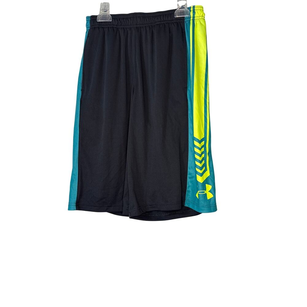 Under Armour Black Shorts with Teal and Yellow Stripes Youth Large